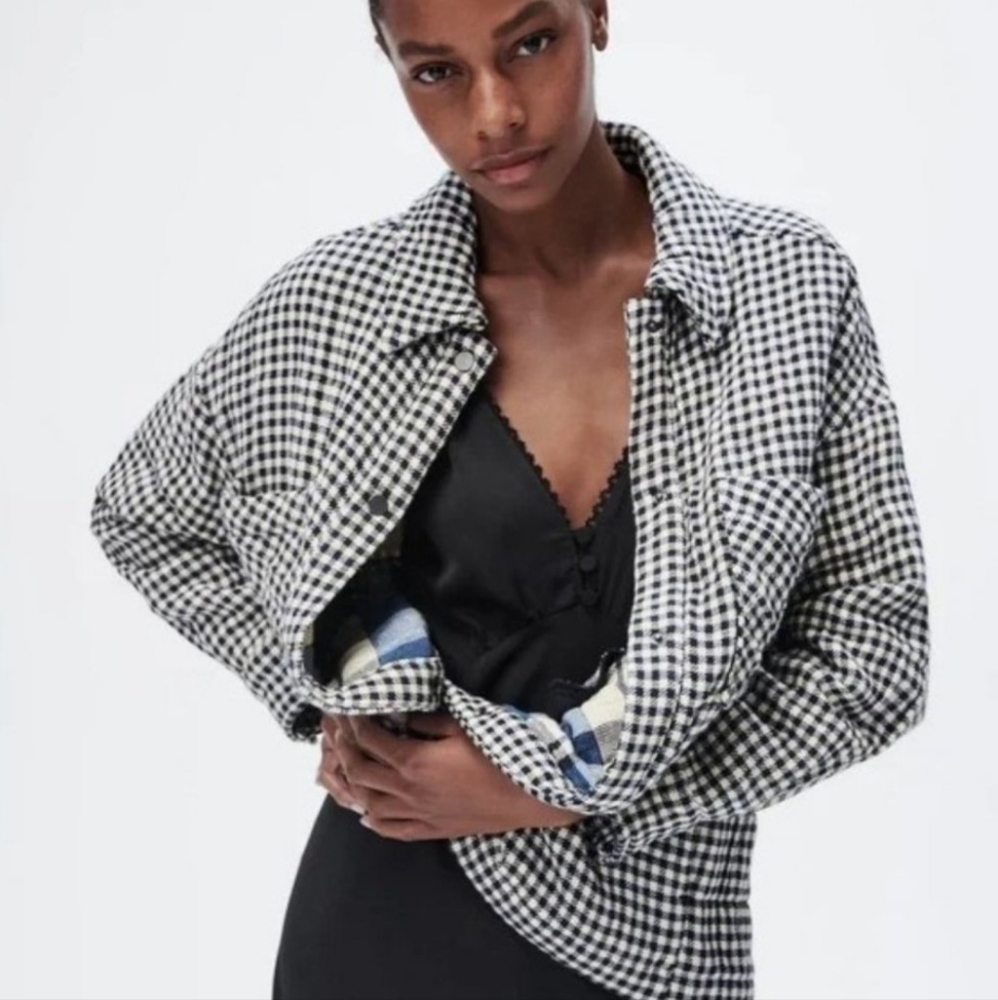 Zara Plaid Gingham Navy Blue and White Padded Oversized Shacket